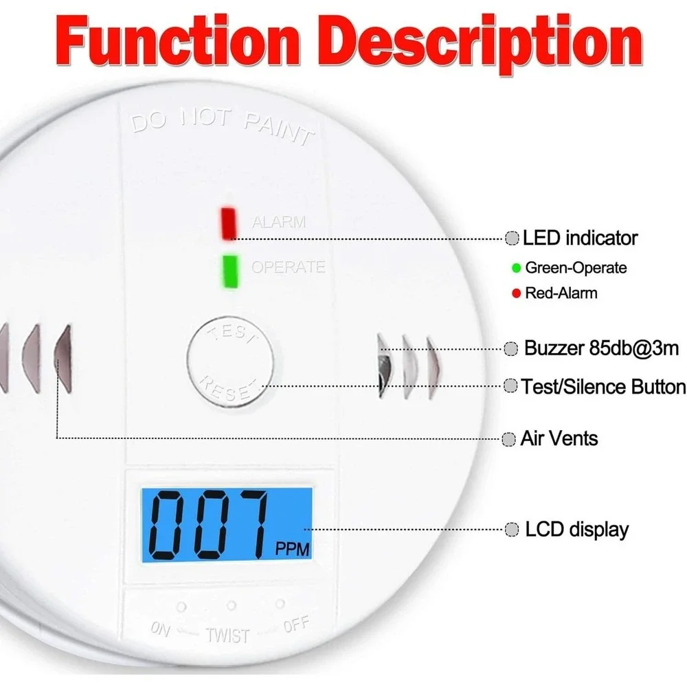 Carbon Monoxide Detector Battery Powered with LCD Display & Sound Alarm for Home